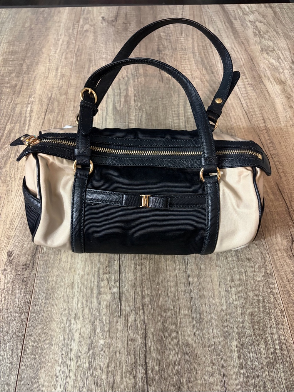 Salvatore Ferragamo Black and Cream Mini Bow Barrel Bag